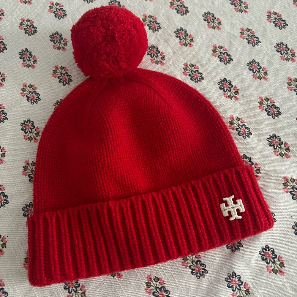 Tory Burch Red Knit Pom-Pom Hat